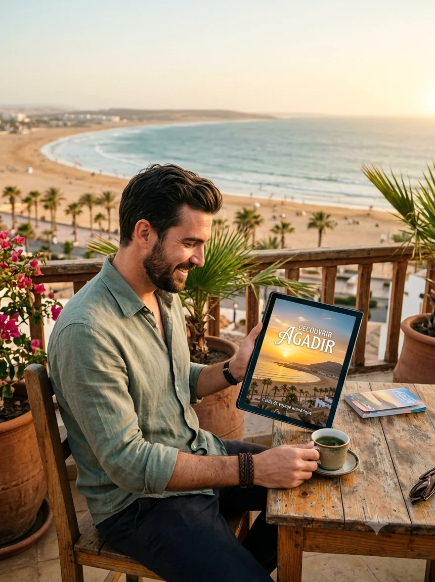 Un voyageur lit le guide Découvrir Agadir sur une tablette, face à la baie d'Agadir au coucher du soleil