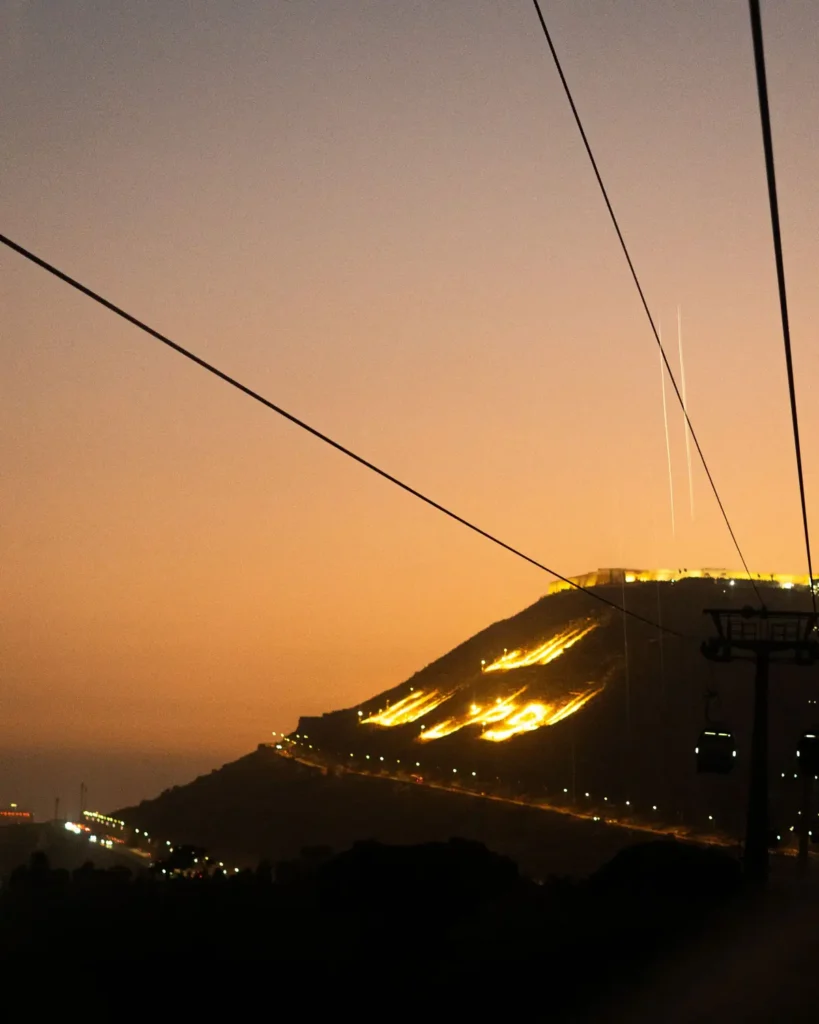 Agadir Oufella hill and its cable car at sunset