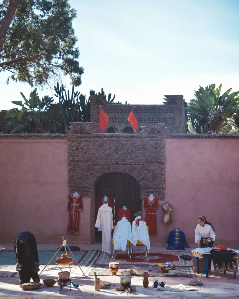 Street market with traditional clothing in the Agadir souk