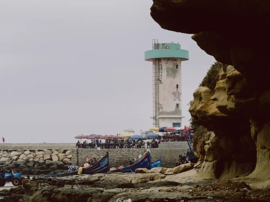 Imsouane lighthouse and fishing boats, a coastal excursion from Agadir
