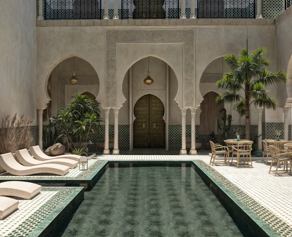 Luxury riad-style courtyard pool with Moroccan arches and zellige