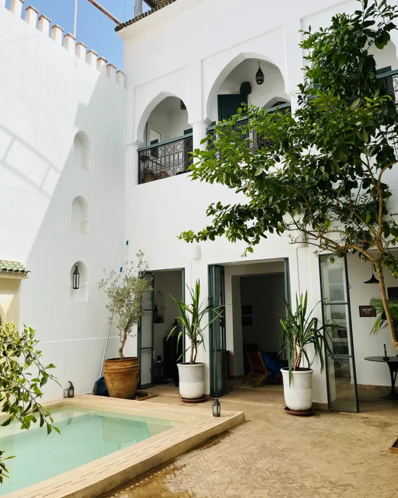 Quiet riad courtyard with a plunge pool and greenery