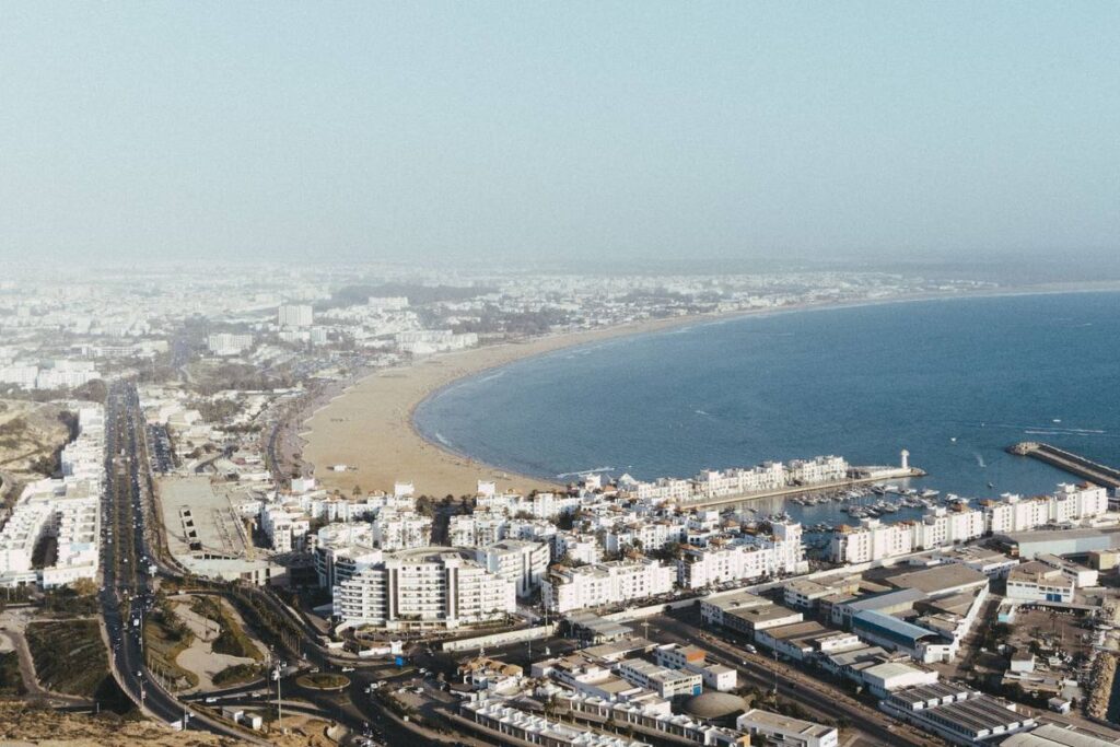 Aerial view of Agadir's bay and seafront districts