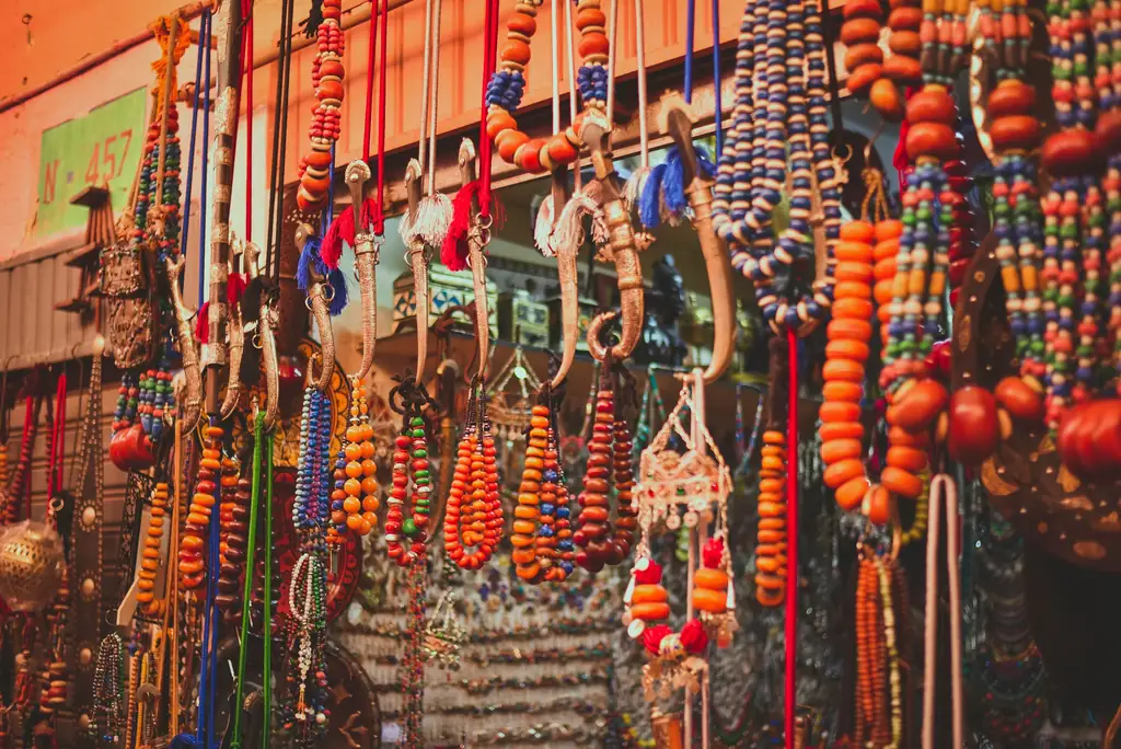 Traditional beads and crafts on sale in an Agadir market