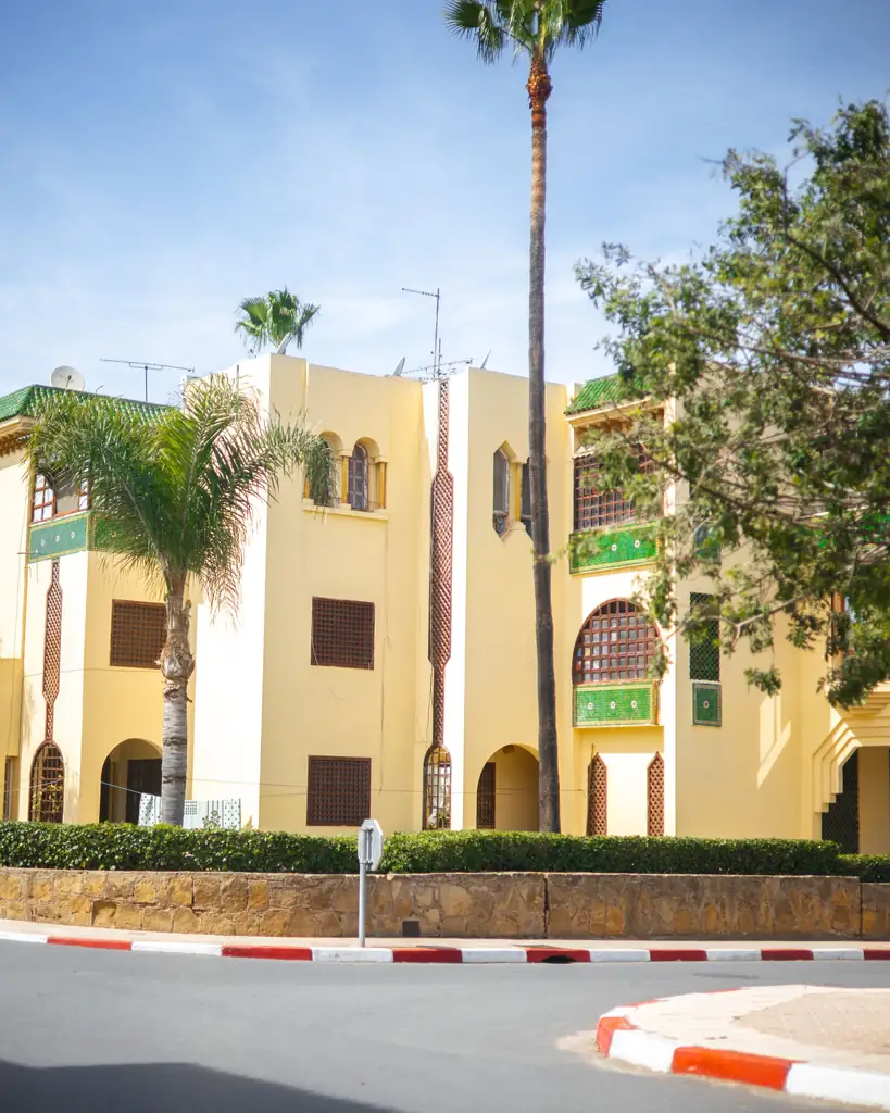 Residential buildings lined with palm trees on a sunny street